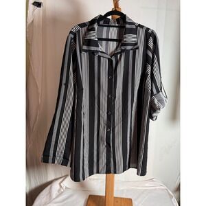 Shein Curve Black White Striped Roll Tab Sleeve Button Down Blouse 2XL